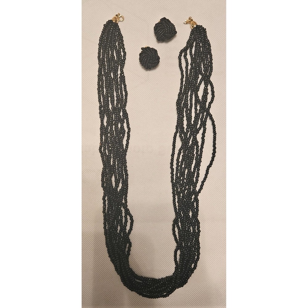 VINTAGE TRIFARI Beaded Necklace and Earrings Set - Black Seed Beads Jewelry Set - Picture 3 of 15